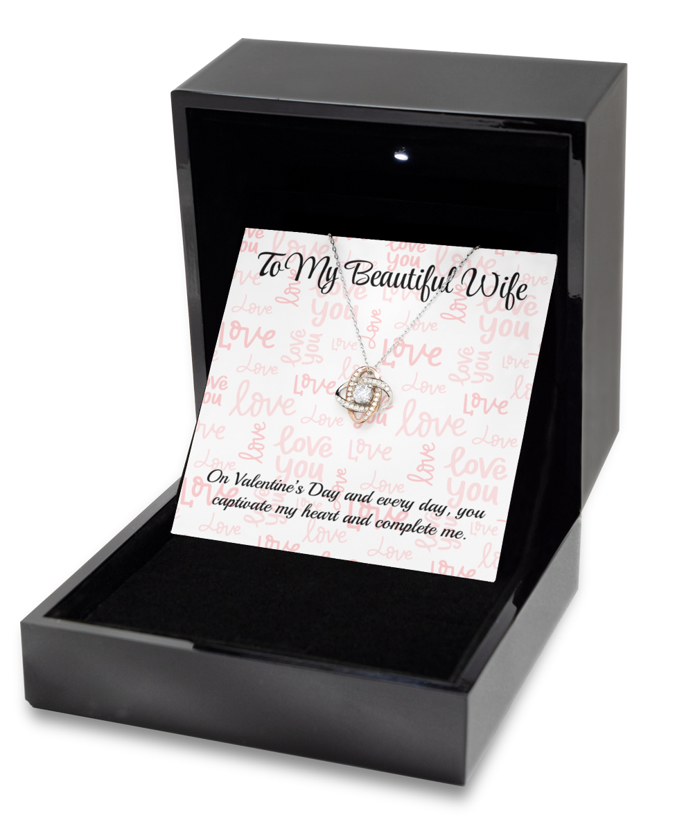 To My Beautiful Wife Rose Gold Love Knot Necklace - Valentine's Gift for Wife