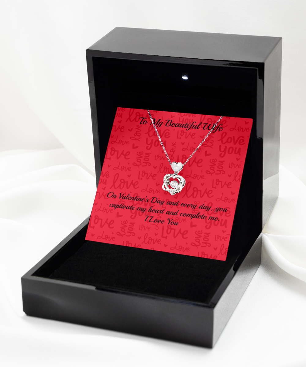 To My Beautiful Wife Heart Knot Silver Necklace - Valentine's Gift for Wife