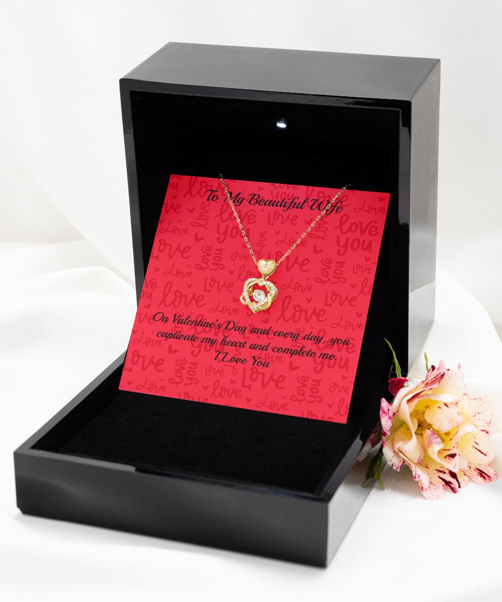 To My Beautiful Wife Heart Knot Gold Necklace - Valentine's Gift for Wife