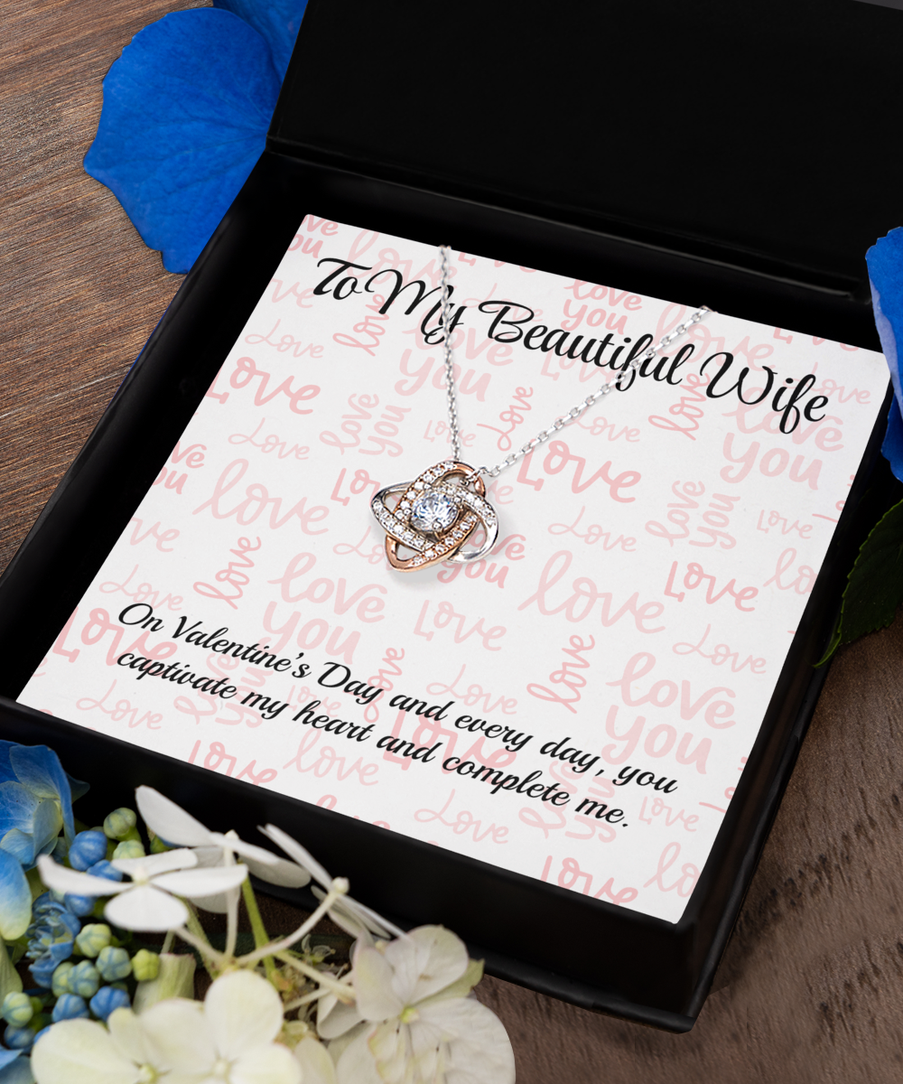 To My Beautiful Wife Rose Gold Love Knot Necklace - Valentine's Gift for Wife