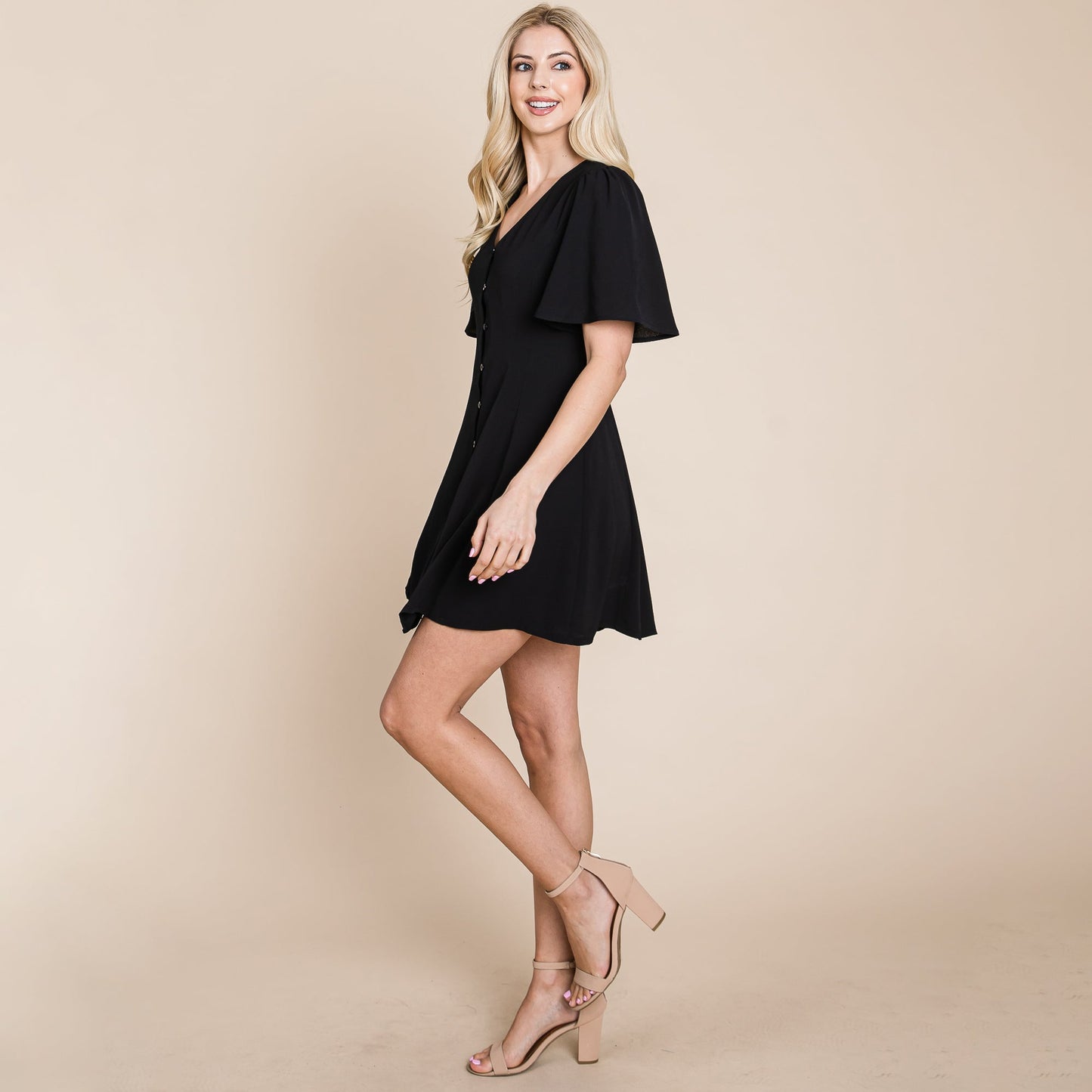 Flutter Sleeve Button Down V neck Mini Dress