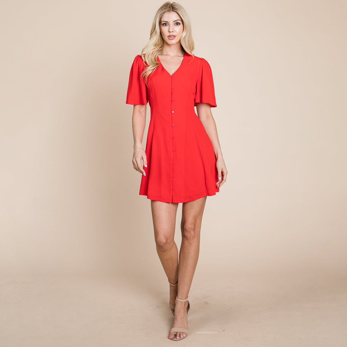 Flutter Sleeve Button Down V neck Mini Dress