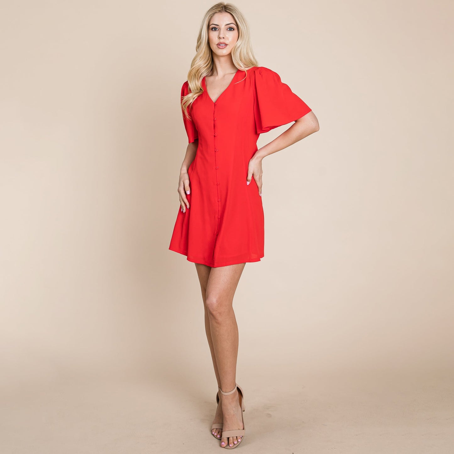 Flutter Sleeve Button Down V neck Mini Dress