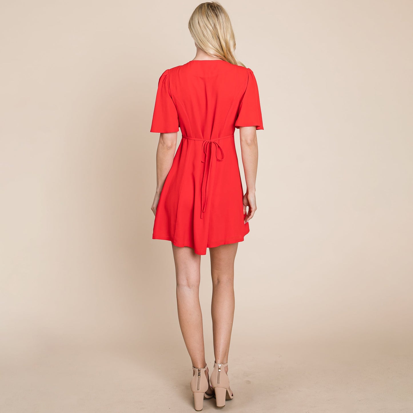 Flutter Sleeve Button Down V neck Mini Dress
