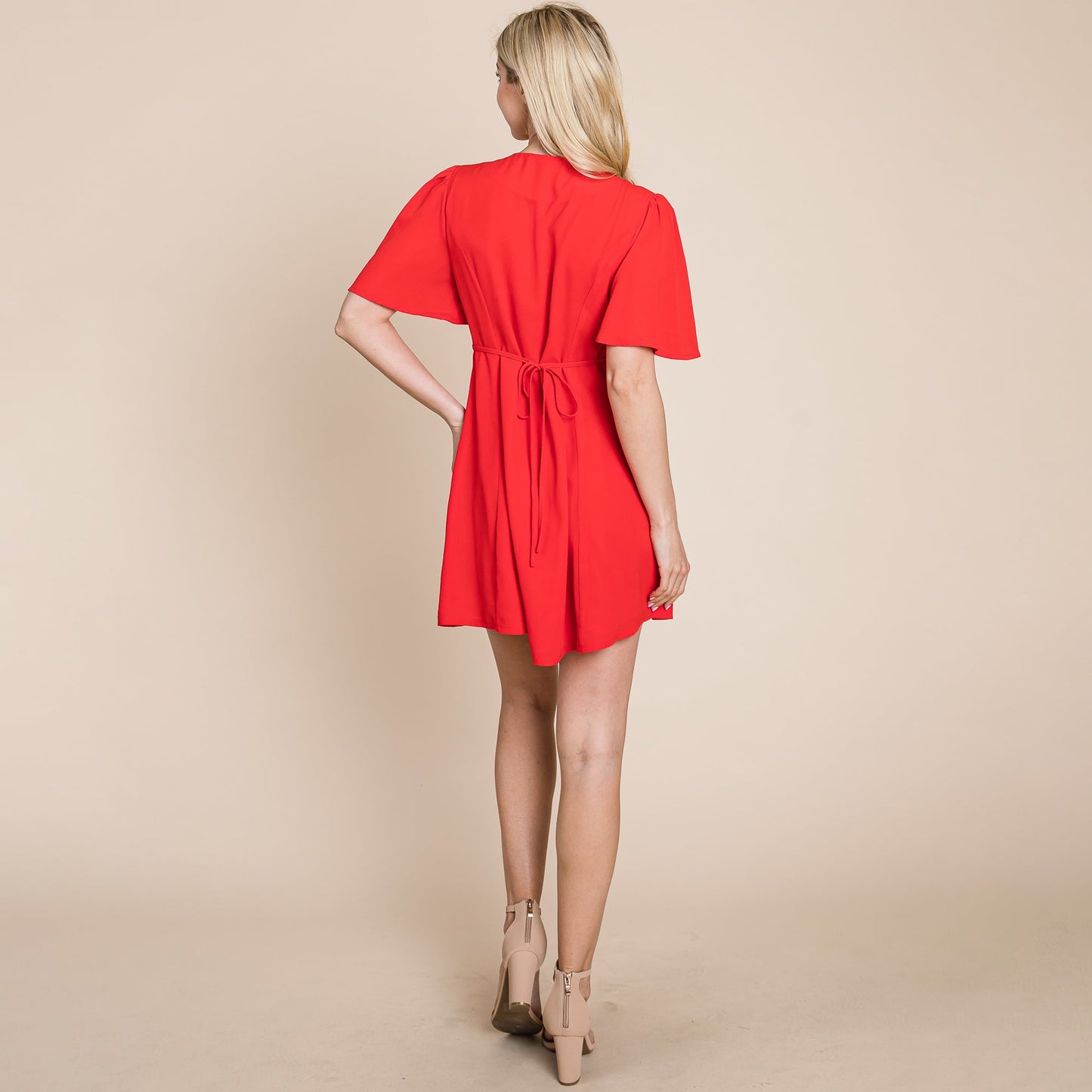 Flutter Sleeve Button Down V neck Mini Dress